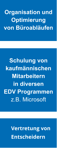 Organisation und  Optimierung  von Büroabläufen Schulung von kaufmännischen Mitarbeitern in diversen EDV Programmen z.B. Microsoft  Vertretung von Entscheidern